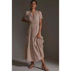 Anthropologie The Somerset Flowy Maxi Dress Linen Tiered Tan Light Brown XSP